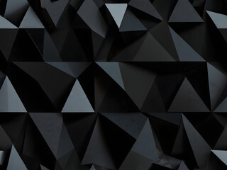 Image is a digital abstract artwork featuring a geometric pattern composed of numerous black triangular shapes. These shapes are arranged in a three-dimensional, faceted layout, creating a sense
