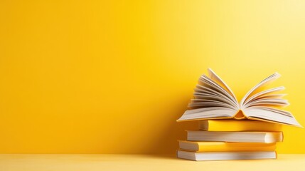 A vibrant arrangement of stacked books with an open book on top, set against a bright yellow background, symbolizing knowledge and creativity in an inviting atmosphere.