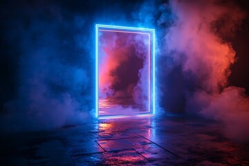 Neon Glowing Frame Portal in Smoky Cyberpunk Scene, Futuristic Sci-Fi Background