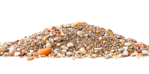 Sand pile scatter with small pebbles on white or transparent background and texture, clipping path, side view