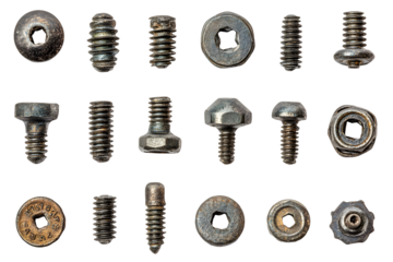 Set macro screw heads, bolts, steel nuts, old metal nail, isolated on white or transparent background