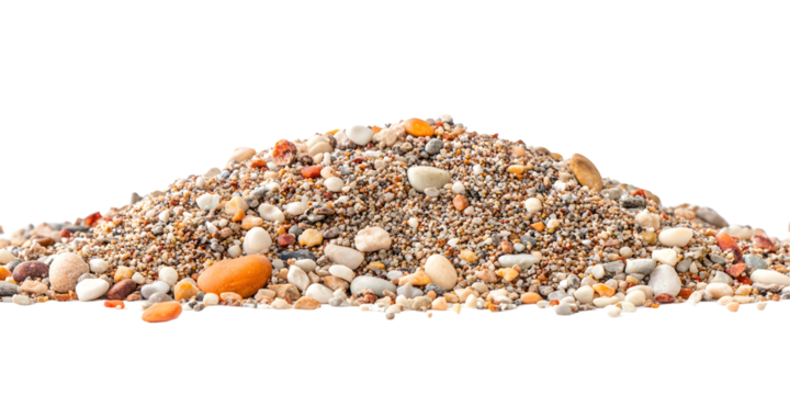 Sand pile scatter with small pebbles on white or transparent background and texture, clipping path, side view
