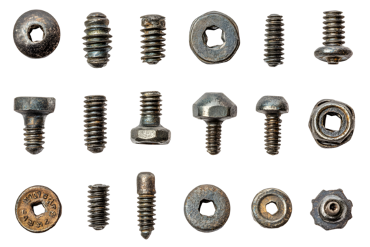 Set macro screw heads, bolts, steel nuts, old metal nail, isolated on white or transparent background