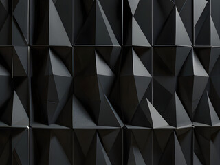 Image is a digital abstract artwork featuring a geometric pattern composed of numerous black triangular shapes. These shapes are arranged in a three-dimensional, faceted layout, creating a sense