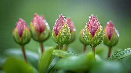 Naklejka premium raindrops on budding flowers, symbolizing the spring rain and new growth in a lush green garden. Close-up of pink flower with rain.