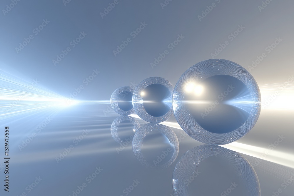 Poster Multiple spheres represent unique virtual worlds interconnected by beams of light in a futuristic space setting