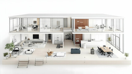 Architectural Interior Cutaway Model Showing Modern Office Layout with White Walls and Furniture