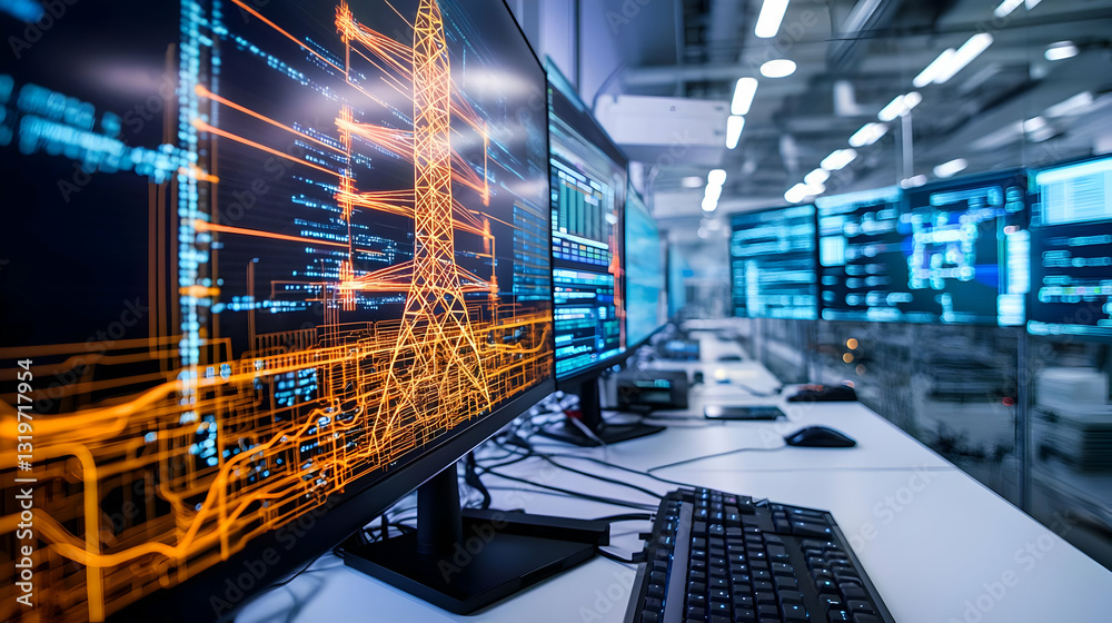 Poster modern technology room with multiple computer screens displaying abstract orange and blue data visua
