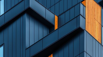 Blue building with a wooden trim. The building is tall and has a modern design. The blue and brown colors create a contrast that makes the building stand out