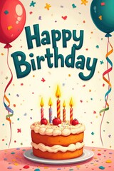 happy birthday card with balloons and cake
