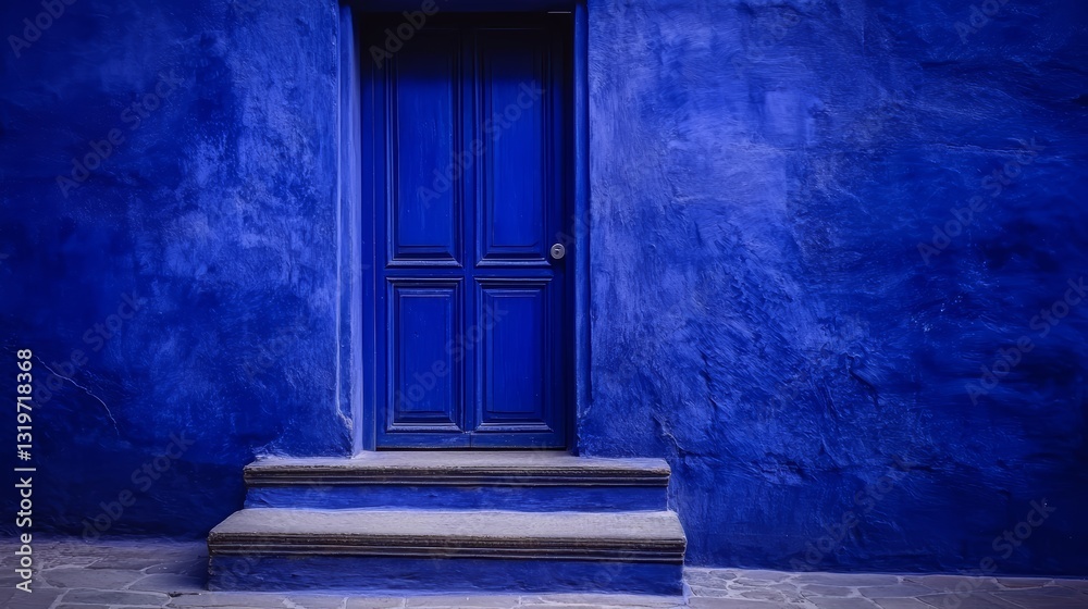 Poster blue door with a wooden frame is standing in front of a blue wall. the door is open and the steps le