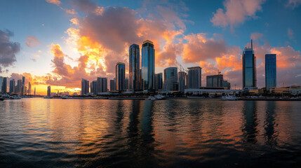 Obraz premium An image of the Dubai International Financial District taken vertically. enormous skyscrapers. tall office and residential structures mixed together. lovely skyline. The golden hour.