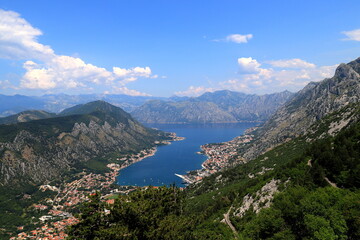 Beautiful Kotor Bay and old city Kotor surrounded by high mountains in Montenegro. Full top view...