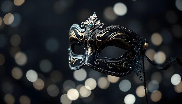 Luxury venetian mask on dark godlen bokeh background. New year and christmas party celebration design banner , with white tonespng