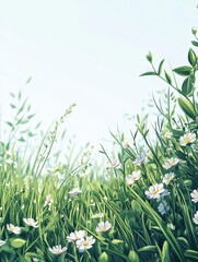 Fototapeta premium Beautiful spring meadow with grass and flowers in sunlight background banner, spring themed designs, nature projects, backgrounds, greeting cards, and floralthemed marketing materials.