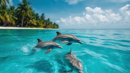 Obraz premium A captivating scene of dolphins swimming in unison through the clear blue waters, symbolizing friendship, freedom, and the beauty of marine life.