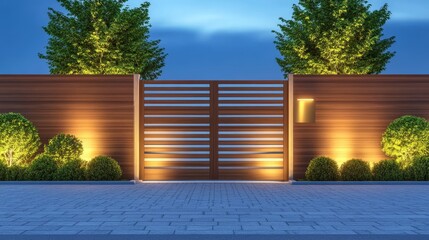 Fototapeta premium Modern wooden gate illuminated at night with lush greenery and a serene atmosphere