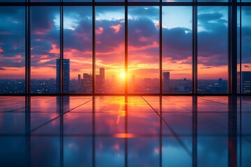 Fototapeta premium Stunning Cityscape Sunset View from Modern Office Window