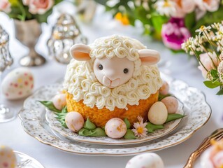 Obraz premium Lamb shaped cake representing easter tradition on festive table. Generative ai illustrations