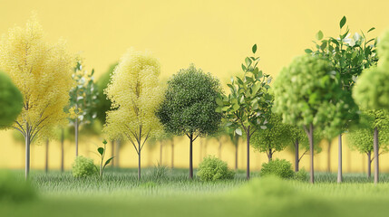 Obraz premium Lush Green Tree with Vibrant Leaves on Minimalist Background Three trees in a row, showcasing the changing seasons, 