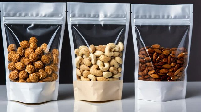 A row of three zip lock bags with nuts on a white table. Dried almonds, cashews and hazelnuts.