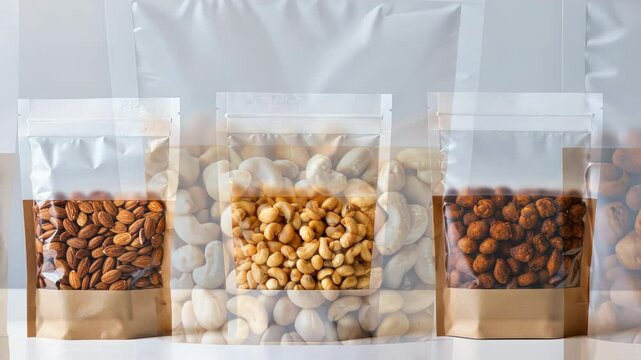 Zip lock bags with dried nuts on a white background. Cashew, peanut and almond.