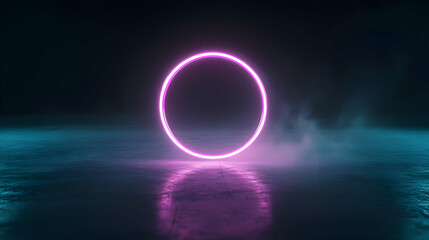 Glowing Neon Pink Circle With Blue Light Reflecting On A Dark Surface with Smoke