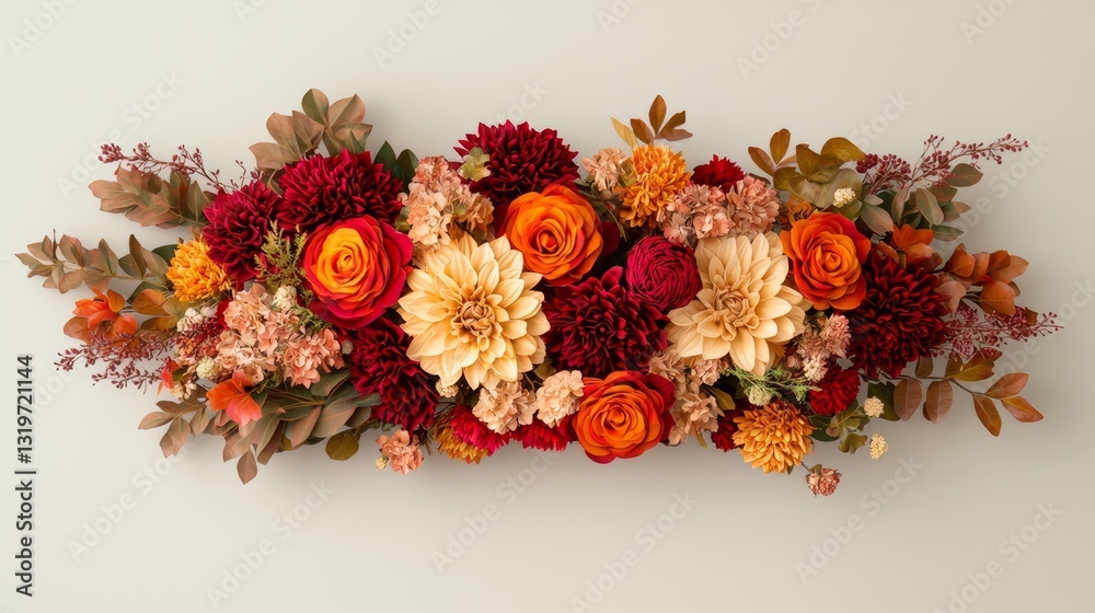 Poster bouquet of flowers with red and orange colors. the flowers are arranged in a long line, with some of