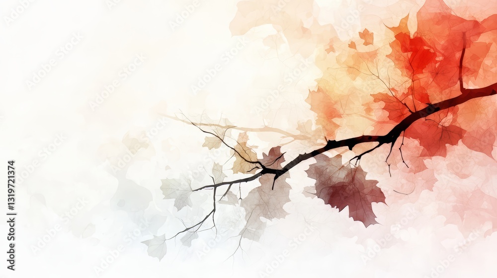 Poster Branch with leaves on it is the main focus of the image. The leaves are red and yellow, and the branch is thin and delicate