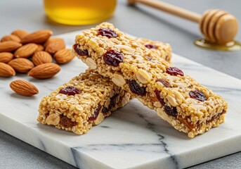Granola bars filled with almonds, peanuts, dried cranberries and raisins bound together with a natural honey glaze