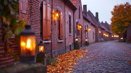 Fototapeta premium Serene autumn evening on a cobblestone street lined with glowing lanterns and colorful leaves