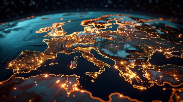 Sleek digital world map featuring glowing network connections for abstract global communication - Powered by Adobe