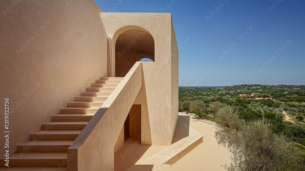 Poster Building with a staircase leading up to it. The staircase is made of stone and is located on the side of a hill. The building is surrounded by trees and has a view of the mountains in the distance