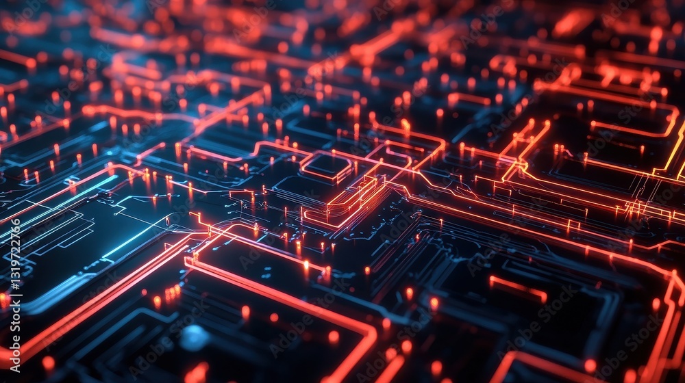Poster creative glowing blurry circuit background. computing and tech concept. 3d rendering.