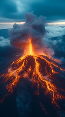 Powerful volcano eruption with lava flow high resolution picture