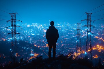 Fototapeta premium Silhouette Man Night Cityscape View Power Lines Electricity Urban Landscape