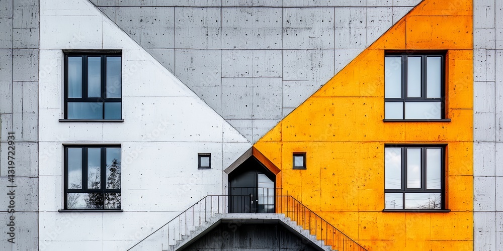 Poster building with two different colored walls and a white roof. the building has a staircase leading up 