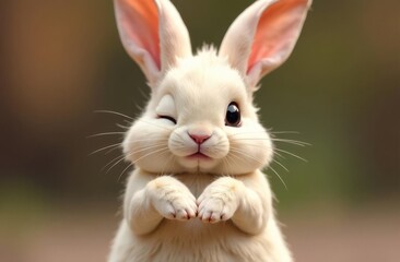Adorable cute bunny folded his paws in front of him. Close-up. Happy Easter concept and idea