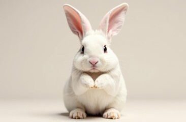 Obraz premium Adorable cute bunny folded his paws in front of him. Close-up. Happy Easter concept and idea