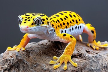 A vibrant leopard gecko perched on a textured rock, showcasing its unique colors