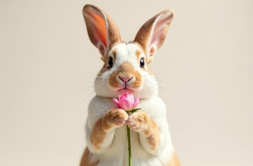 Obraz premium Adorable cute bunny holding a flower in his paws. Foreground. Light background. Happy Easter concept and idea