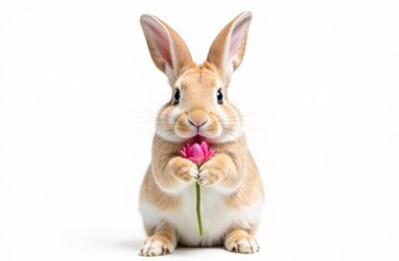 Obraz premium Adorable cute bunny holding a flower in his paws. Foreground. Light background. Happy Easter concept and idea