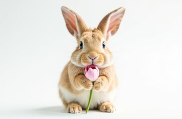 Obraz premium Adorable cute bunny holding a flower in his paws. Foreground. Light background. Happy Easter concept and idea