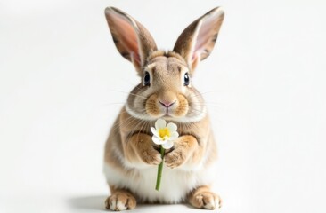 Obraz premium Adorable cute bunny holding a flower in his paws. Foreground. Light background. Happy Easter concept and idea