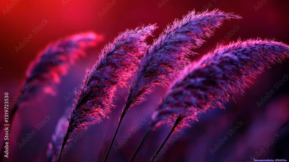 Poster bunch of purple grass with a red background. the grass is tall and has a purple hue, giving it a vib