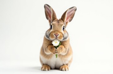 Fototapeta premium Adorable cute bunny holding a flower in his paws. Foreground. Light background. Happy Easter concept and idea