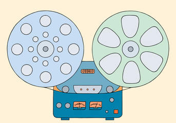 Reel-to-reel audio tape recording. Tape recorder for spool cassettes with magnetic tape. Reel tape recorder.