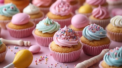 Delicious cupcakes with colorful frosting bakery food bright