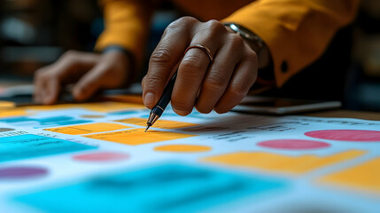 Close-up of hands meticulously planning, using sticky notes & pen on a spread of colorful charts & diagrams. Strategic work in progress