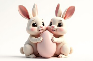 Two cute rabbits holding an Easter egg in their paws, white background. Space for text, congratulations. Happy Easter concept and idea